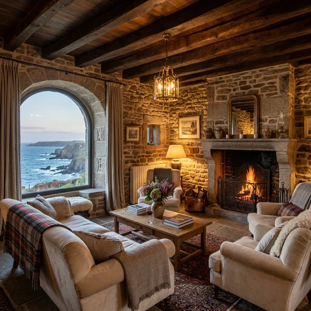 Intérieur villa — salon avec cheminée et déco premium